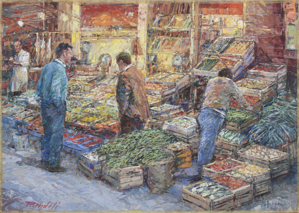 Mercato di frutta - Vucciria, olio su cartone, cm 50x70, firmato in basso a sinistra, firmato, titolato e datato "2005" al retro, (lievi segni di usura)