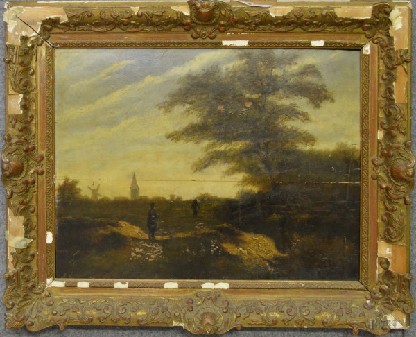 Paesaggio con figure, olio su tavola 50x40 cm,entro cornice XIX sec, (difetti nella cornice e tela).