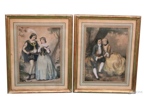 Lotto di due stampe francesi colorate a soggetto di scene amorose, 34x24 cm, entro cornici.   