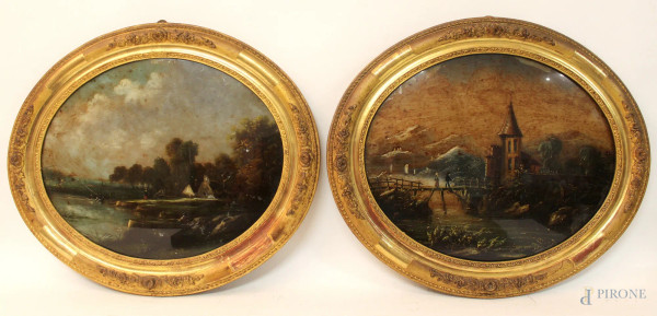 Coppia di paesaggi dipinti sottovetro di linea ovale, cm 45x37, entro cornici, fine XIX sec., (un dipinto presenta rottura).