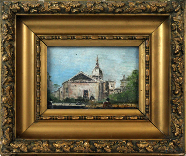 Scorcio con chiesa, olio su tela applicata su cartone, cm 13x17,5, firmato, entro cornice