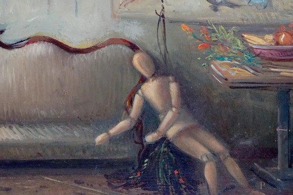 Modella in posa, olio su tavola, firmato in basso a sinistra, cm 55x75, entro cornice