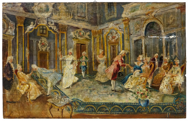 Scena di corte, olio su tavola, cm 53x86, XIX secolo, (difetti).