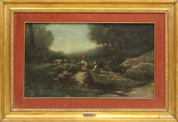 Paesaggio con figure, olio su tela,cm 35x60,5, fine XIX secolo, entro cornice.
