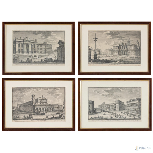 Lotto di quattro stampe raffiguranti monumenti di Roma, XX secolo, cm 40x28 compreso passepartout, entro cornice, (segni di usura, lievi tracce di umidità, ondulazioni, segni di piegatura)