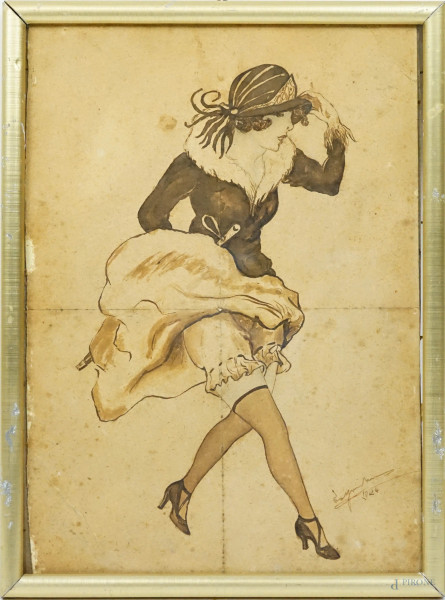 Donna con cappello e pelliccia, inchiostro bruno su carta, cm 27x19,5, firmato e datato 1924, entro cornice.