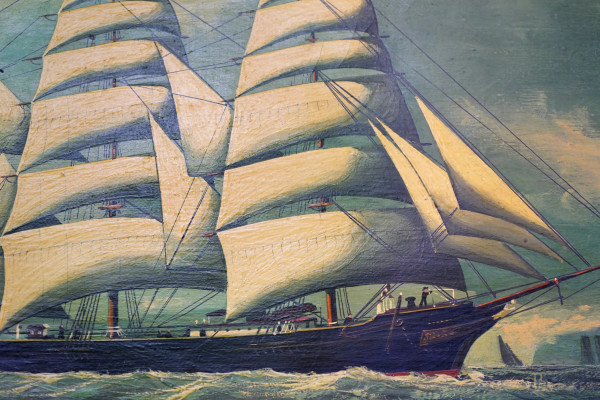 Veliero in mezzo al mare, olio su tela, XX secolo,cm 36x46 entro cornice, (difetti)
