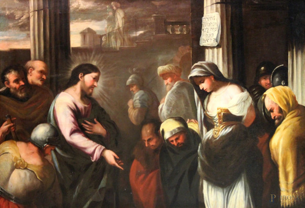 Cristo e l'adultera, "att. Luca Giordano 1634 . 1705, olio su tela, 144x207 cm, entro cornice con attribuzione dello studio perizie d'arte Dott. M. Letizia Paoletti Piccari Roma 20 Luglio 1990
