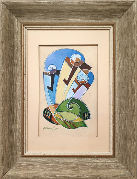 Achille Boni (XX sec.), Aeropittura tecnica mista su tavola, cm 20x14, firma in basso, con cornic...
