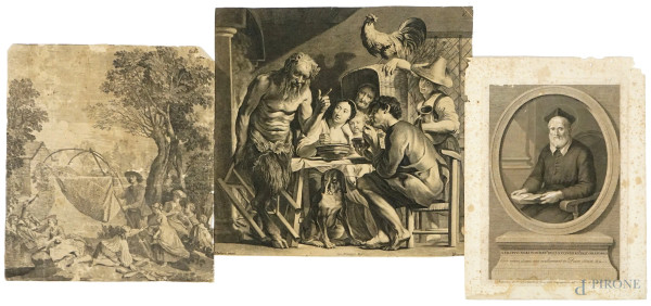 Lotto di tre antiche  incisioni raffiguranti Il satiro ed il contadino, S.Filippo Neri e Scena di pesca, misure max cm 38,5x39, (difetti e macchie).