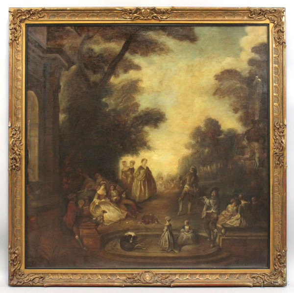 Festa campestre, olio su tela, cm 105x105, XIX secolo, entro cornice.
