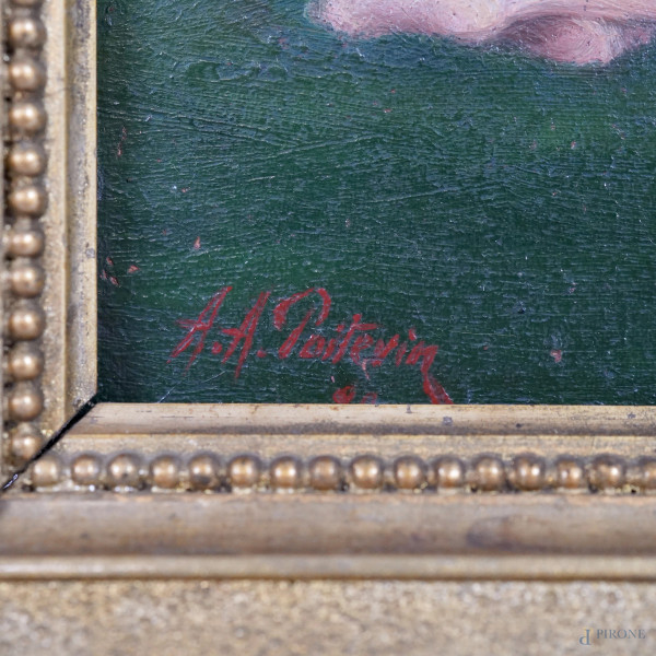 Nudo femminile di spalle entro un paesaggio, XX secolo, olio su cartone, cm 14,5x21, entro cornic...