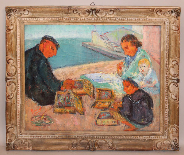 Figure su sfondo mare,olio su tela, 46x55 cm, entro cornice firmato Bonet  