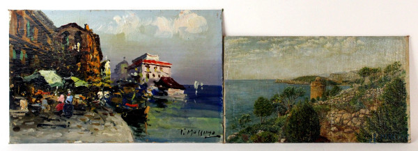 Lotto di due dipinti raffiguranti scorcio di costa e scorcio di porto, olio su cartone telato, misure max cm 24x40, firmati