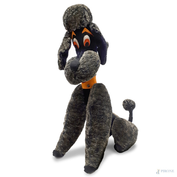 Cane giocattolo vintage in peluche con imbottitura in paglia, produzione italiana anni 50, altezza cm 55