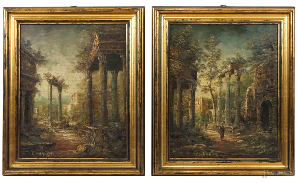 Coppia di dipinti raffiguranti rovine romane, olio su tela, cm 50x40, firmati, entro cornici.