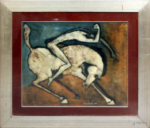 Bruno Landi - Figura a cavallo, olio su tela, cm 50x60, entro cornice.