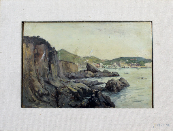 Scorcio di costa, olio su cartoncino, cm. 21x31, firmato M. Cortegiani.