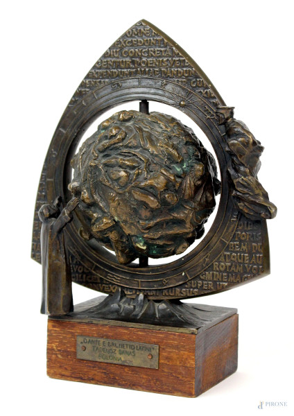 Tadeusz Banas - Dante e Brunetto Latini, scultura in bronzo, cm h 23,5, base in legno