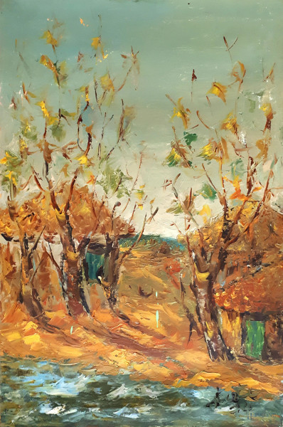 Paesaggio con alberi, olio su tela, cm. 60x39, firmato e datato.