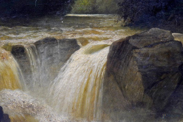 Torrente nel bosco, olio su tela, firmato in basso a destra Charles Stuart, cm 152.5x106, entro c...