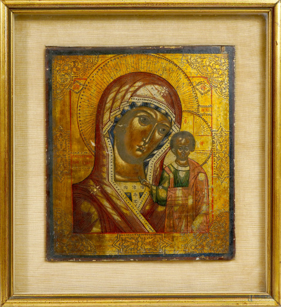 Madonna con il Bambino, Russia, XIX secolo, tempera su tavola, cm 35x31, entro cornice