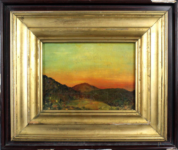 Paesaggio al tramonto, olio su tavola, cm. 15,5x20,5, entro cornice.