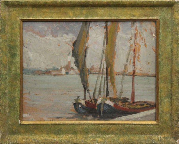 Scorcio di porto con imbarcazioni, olio su compensato 40x30 cm, entro cornice.