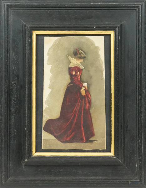 Dama in abito rosso, acquarello su carta, cm 24x12, inizi XX secolo, entro cornice.