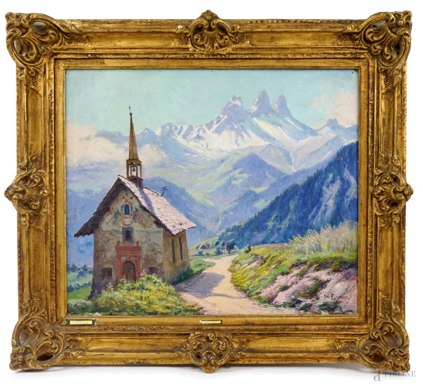 Jean Marius Bugnard - La cappella di Villard-Dessous, olio su tela, cm 54x65, entro cornice.