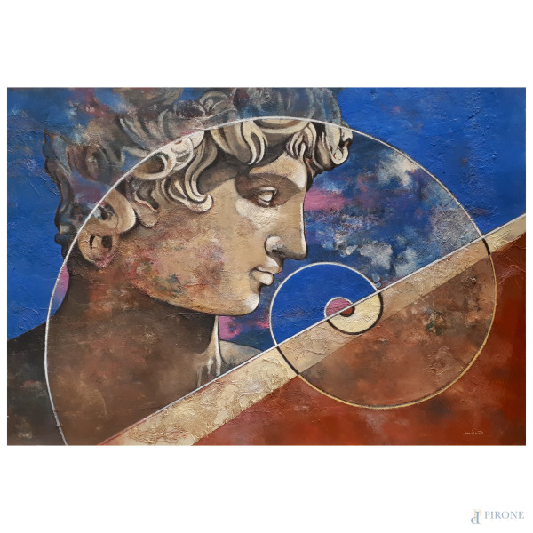 Laura Migotto (1956) Anima in eterna armonia aurea, 2025, tecnica mista su cartone applicato su tavola, cm 60x85, firmata in basso a destra, timbro e firma al retro