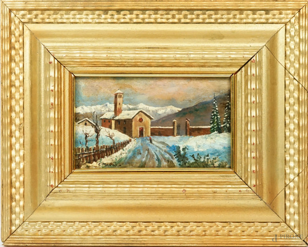 Paesaggio innevato, olio su tavola, firmato, cm 11x17, entro cornice