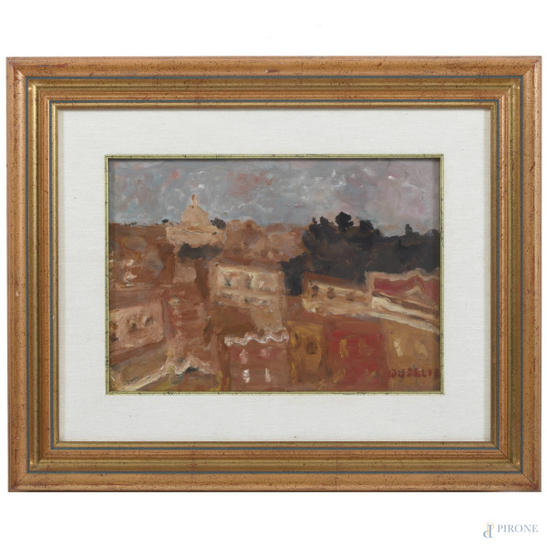Carlo Quaglia (1903-1970), Veduta di Roma, olio su faesite cm 25x35,, firmato in basso a destra e al restro per autentica, entro cornice