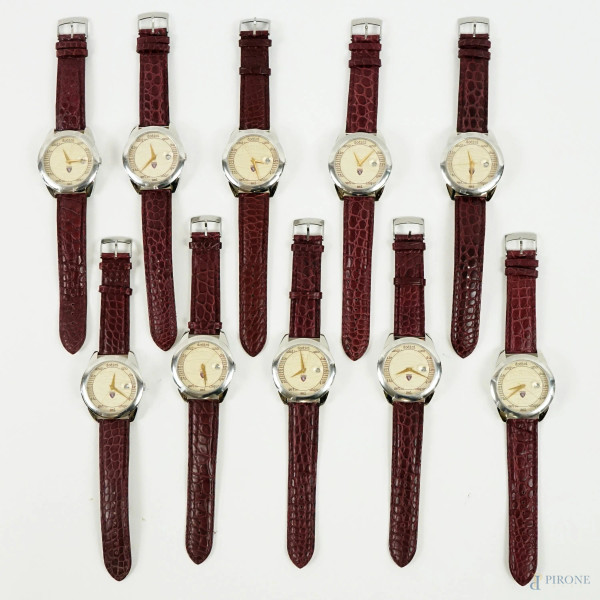 Torino Football Club, dieci orologi da polso da uomo, cinturino bordeaux in cuoio, lunghezza cm 24,5, (segni del tempo, meccanismo da revisionare).