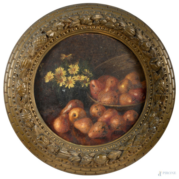 Filippo Vacchetti (1873-1945), Natura morta di pere, olio su tela, diametro cm 53, firmato a sinistra, entro cornice, (craquelure, sollevamenti di colore, cadute, restauri, difetti)