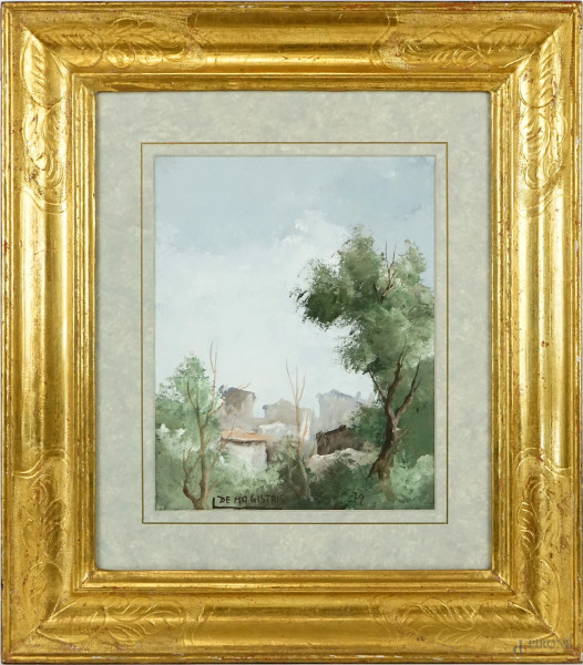 Leonardo De Magistris - Scorcio di paese ed alberi, olio su tela, cm 40x33,5, entro cornice.