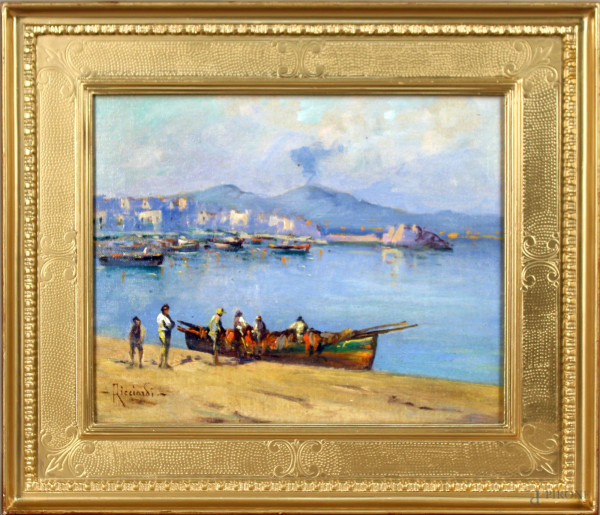 Golfo di Napoli, olio su cartone telato, cm. 24x30, firmato Ricciardi, entro cornice.