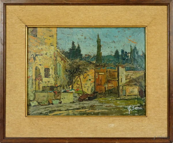 Scorcio di borgo toscano, olio su cartone, cm 26,5x35, firmato G.Lomi, etro cornice.