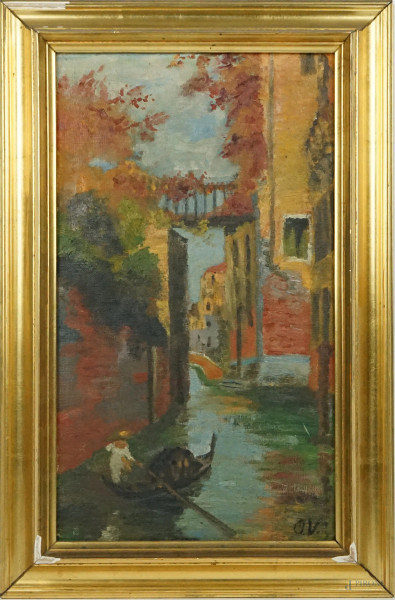 Scorcio di Venezia, olio su tela riportata su cartone, cm 45x26, siglato, entro cornice