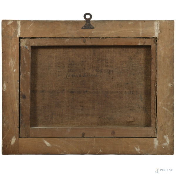 La casta Susanna, XVIII secolo, olio su tela, cm 38x52, entro cornice, (segni di usura, lacerazio...