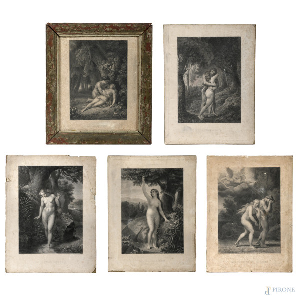 Lotto di cinque incisioni su carta applicate su cartone raffiguranti Adamo ed Eva, XIX-XX secolo, misura massima cm 44,5x33,5 (segni di usura, foxing, gore, lacerazioni, tracce di umidità)