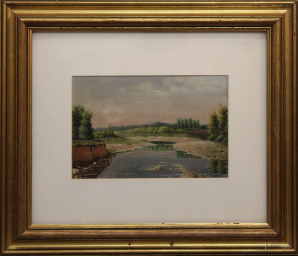 Carlo Montani - Paesaggio Fluviale, olio su tavola, 20x32 cm, entro cornice