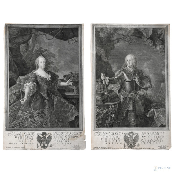Lotto di due incisioni raffiguranti Francesco I e Maria Teresa, XVIII-XIX secolo, misure massime cm 61,5x39, (segni di usura, tracce di umidità, gore, foxing, lacerazioni della carta, tracce di piegatura, restauri)