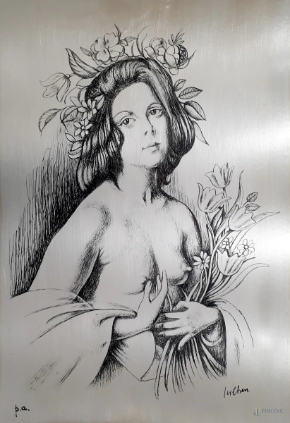 Artista del Novecento, Nudo di donna con fiori, opera grafica su lastra in metallo, esemplare P.A., cm 31x46, firmato