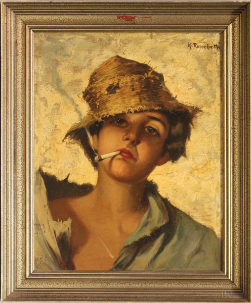 Figura di giovane con sigaretta dipinto ad olio tela 49x35 entro cornice fir. r.ronchetti
