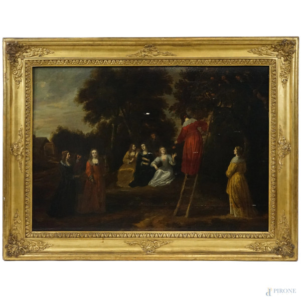 Pittore europeo del XVII secolo, Cueillette, olio su tavola, cm 73x104, entro cornice, (piccole cadute  [..]