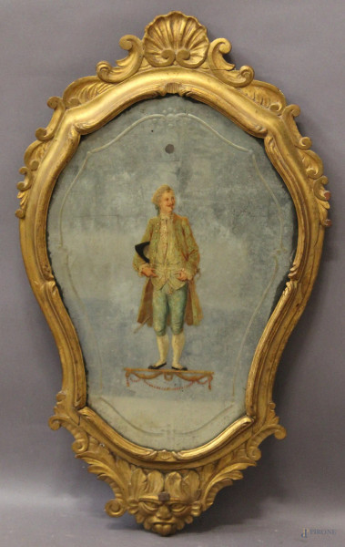 Specchiera veneziana di linea centinata in legno dorato a soggetto di nobiluomo con specchio dipinto del 700.