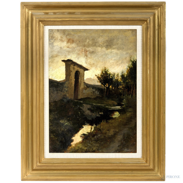 Scorcio con ruscello, olio su cartone, XIX secolo, cm 36,5x26, entro cornice,  firmato in basso a destra, (difetti)