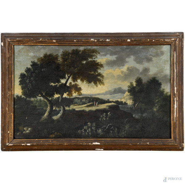 Paesaggio con figure, XVIII secolo, olio su tela, cm 40x66 entro cornice, (difetti)