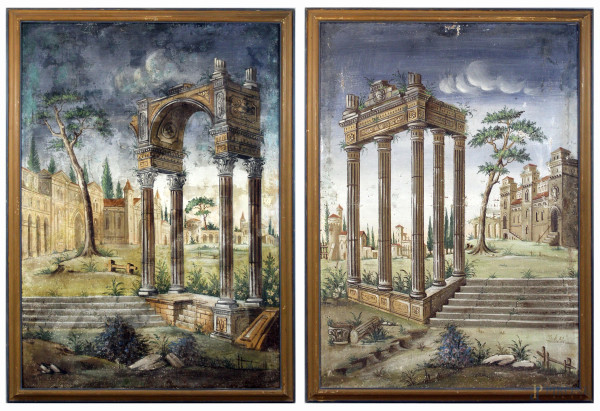 Coppia di paesaggi con architetture, olio su tela, cm 151x106,5, inizi XX secolo, entro cornici, (difetti).